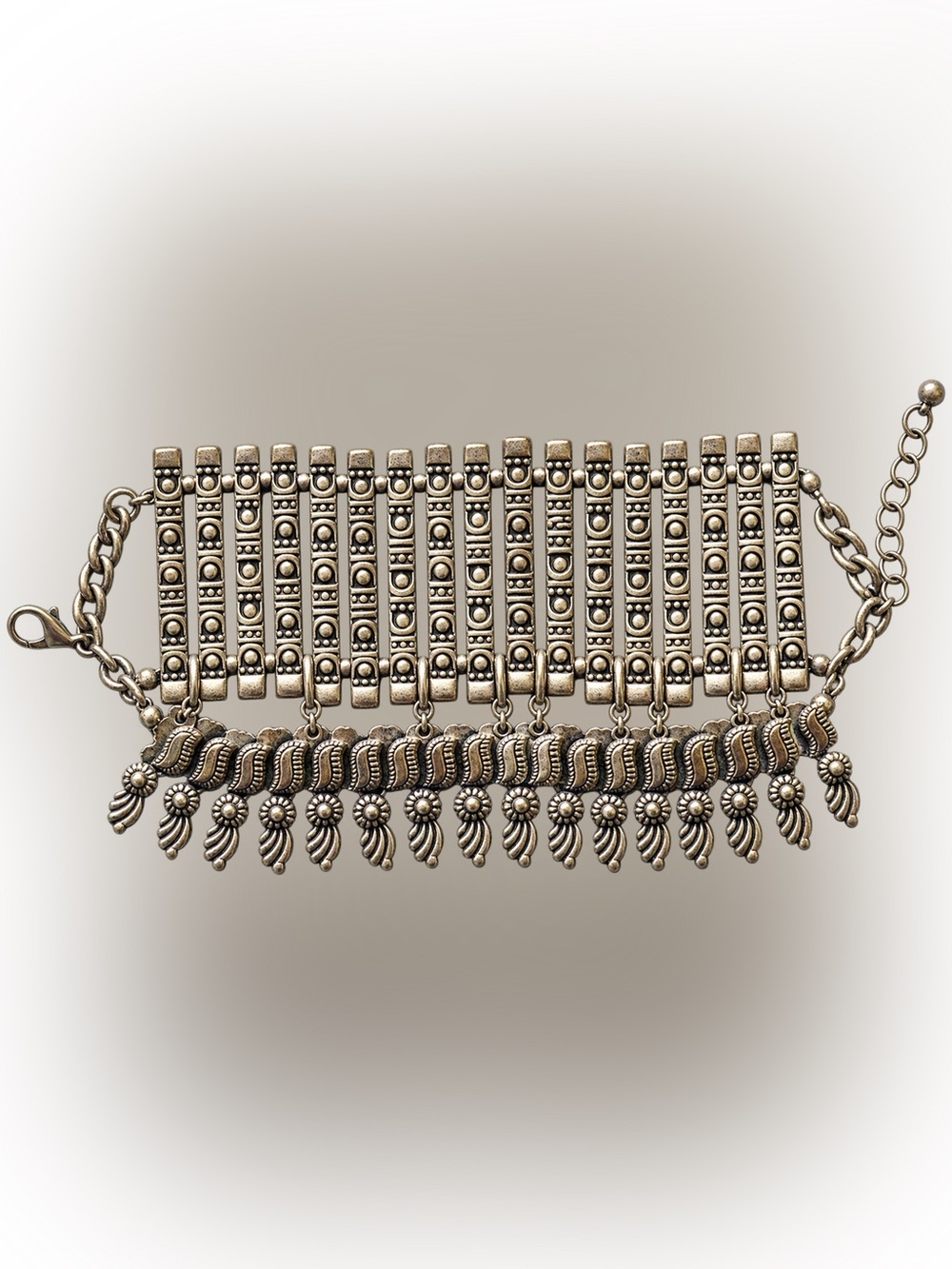 Ornate Silver Tone Wide Cuff Bracelet Boho Tribal Statement Fringe